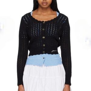 GANNI Open Knit Cardigan Sz M Black Organic Cotton